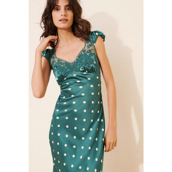 Free People - Women's Green Butterfly Satin Polka Dot Maxi Dress w/ lace, Size M - Picture 2 of 12